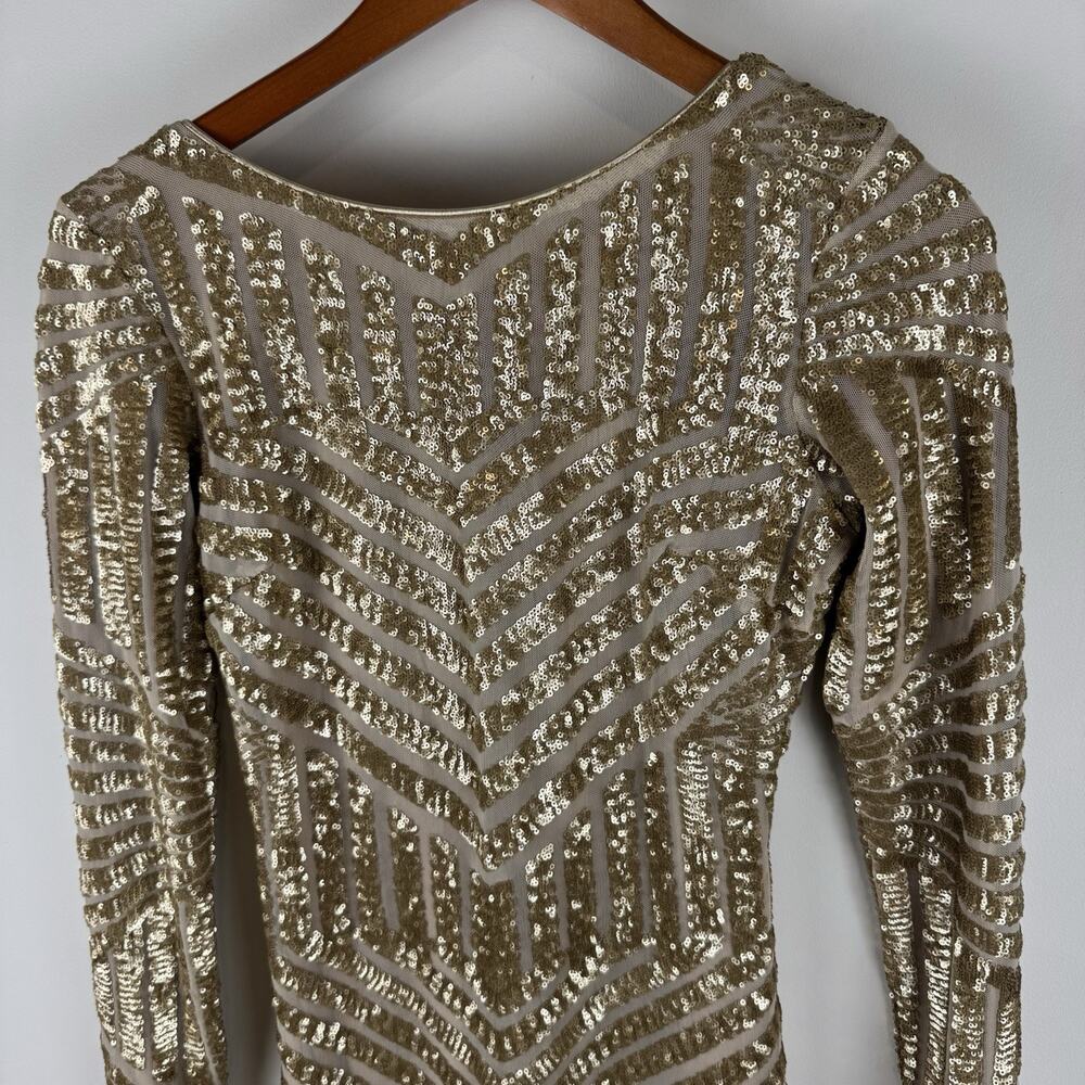 Dress the Population Lola gold sequin long sleeve bodycon mini dress M Fits S - Picture 2 of 14